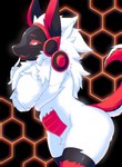 anthro black_body black_fur blush body_hair butt chest_hair eyelashes female fluffy fur hexagon looking_at_viewer machine red_body red_fur side_view simple_background smile solo standing thick_thighs white_body white_fur conditional_dnp ruvark noisy_(redace83) protogen robot robot_anthro absurd_res digital_media_(artwork) hi_res portrait three-quarter_portrait