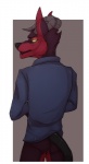 anthro blush bottomless bottomwear bottomwear_down butt clothed clothing embarrassed horn looking_at_viewer male officer pants pants_down partially_clothed police shy solo uniform ikazu mythology canid canid_demon canine demon hellhound mammal mythological_canine mythological_creature