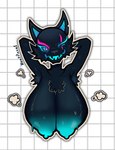 anthro areola armpit_tuft big_breasts black_body black_fur blue_areola blue_nipples blue_sclera bodily_fluids breasts cheek_tuft chest_tuft eye_scar eyelashes facial_scar facial_tuft female front_view fur grey_nose hands_behind_head huge_breasts looking_at_viewer nipples notched_ear one_eye_closed pattern_background pink_eyes scar simple_background solo sweat sweatdrop sweaty_breasts tuft white_background wink winking_at_viewer hootpizza epic_games fortnite pack_leader_highwire canid canine canis mammal wolf
