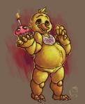 anthro barefoot beak bib biped claws cupcake feathers feet female food genitals half-closed_eyes looking_at_viewer machine misleading_thumbnail narrowed_eyes nude pussy sharp_teeth slightly_chubby smile solo standing teeth text toe_claws latexkaktus five_nights_at_freddy's scottgames chica_(fnaf) animatronic avian bird chicken galliform gallus_(genus) phasianid robot english_text