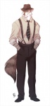 anthro biped bottomwear clothed clothing fedora footwear front_view fully_clothed fur grey_body grey_fur hand_in_pocket hands_in_both_pockets hat headgear headwear looking_aside male necktie pants pockets rolled_up_sleeves shoes simple_background smile solo standing stripes suspenders tail white_background white_body white_fur denimcatfish lobstercat canid canine canis mammal wolf signature