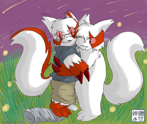 ambiguous_gender blush chest_tuft claws clothed clothing discarded_clothing duo eyewear feral flower fur glasses grass hug male meteor_shower one_eye_closed open_mouth outside plant red_body red_fur shooting_star shrinking size_transformation transformation tuft white_body white_fur moofers-mufa nintendo pokemon generation_3_pokemon pokemon_(species) zangoose