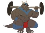 abs absurd_res amideo anthro barazoku barbell biceps big_muscles bulge clothed clothing crouching dragon exercise flexing fossil_pokemon generation_4_pokemon hi_res himbo holding_barbell holding_object horn male manly muscular muscular_anthro muscular_male mythological_creature mythological_scalie mythology nintendo nipples paws pecs pokemon pokemon_(species) rampardos scalie simple_background smile smirk solo tail teeth thong underwear weightlifting weights workout