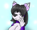 anthro biped black_hair black_nose breasts close-up eyes_closed female glistening glistening_body gloves_(marking) goo_transformation hair markings mid_transformation multicolored_body purple_body simple_background solo transformation white_body white_face fox0808 auronx10 canid canine canis domestic_dog husky mammal nordic_sled_dog spitz 2013 colored