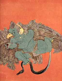 3_toes 5_fingers ambiguous_feral ambiguous_gender anthro anthro_focus back_wings beak biped blue_body bottomwear bracelet carrying_another claws clothed clothed_anthro clothed_male clothing duo feet feral fingers forked_tongue humanoid_hands jewelry loincloth male male_anthro male_focus navel necklace open_mouth pelvic_curtain red_background scales serpentine simple_background size_difference solo_focus three-quarter_view toe_claws toes tongue tongue_out topless topless_anthro topless_male wings nandalal_bose asian_mythology hindu_mythology mythology public_domain garuda_(deity) avian deity deva mythological_avian mythological_creature reptile scalie snake 1914 20th_century absurd_res ancient_art hi_res lithograph_(artwork) traditional_media_(artwork)