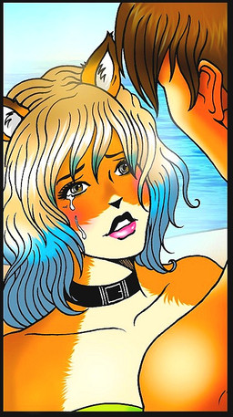 anthro blush bodily_fluids clothing crying duo female fur happy jewelry male necklace seaside smile sun swimwear tears a.b._lust elise_(greyhunter) canid canine fox human mammal comic