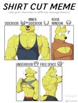 abs anthro blep bodily_fluids cleavage_cutout clothed clothing cutout furgonomics keyhole_turtleneck male muscular muscular_anthro muscular_male open_mouth open_smile pecs shirt simple_background smile solo sweat sweater tank_top text tongue tongue_out topwear turtleneck artbyyellowdog shirt_cut_meme roger_(artbyyellowdog) canid canine canis domestic_dog mammal 2021 absurd_res digital_media_(artwork) english_text hi_res meme shaded