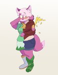 2024 blush canid canine dondedun female fox full-length_portrait fur hand_behind_head hi_res human mammal melody_amaranth mid_transformation pink_body pink_fur portrait simple_background solo super_lesbian_animal_rpg trans_(lore) trans_woman_(lore) transformation