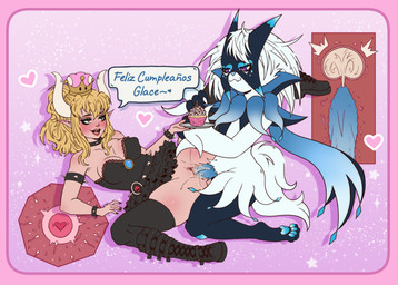 anthro birthday blonde_hair blush bodily_fluids boots breasts clothed clothed_sex clothing crown cum cum_in_uterus cum_in_vagina cum_inside cupcake dress duo erection female female_penetrated food footwear fur genital_fluids genitals hair headgear horn humanoid_pointy_ears impregnation internal internal_vaginal interspecies leg_glider_position leg_grab legwear male male/female male_penetrating male_penetrating_female open_mouth ovum penetration penile penile_penetration penile_spines penis penis_in_vagina pointy_ears pokephilia raised_leg sex shoes simple_background smile sperm_cell spread_legs spreading stockings super_crown tail text uterus vaginal vaginal_penetration vulva x-ray_view mapplesfactory bowsette_meme mario_bros nintendo pokemon fan_character glace_(cris79x) generation_9_pokemon humanoid meowscarada pokemon_(species) digital_media_(artwork) hi_res meme spanish_text