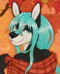 ambiguous_gender anthro autumn bare_shoulders biped flannel_shirt hair leaf long_hair outside simple_background smile solo teal_eyes teal_hair miss_rain raine_kirijo mammal digital_media_(artwork) headshot_portrait hi_res portrait