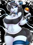 2016 absurd_res anthro big_breasts black_hair blue_eyes blue_tongue breasts camillia_(camychan) camychan cleavage clothed clothing collar equid equine fan_character female fingerless_gloves gloves hair hand_on_hip handwear hasbro hi_res horn long_hair looking_at_viewer mammal midriff my_little_pony mythological_creature mythological_equine mythology nintendo nipple_outline open_mouth pokeball pokemon smile solo team_skull thick_thighs tongue tongue_out unicorn wide_hipped_female wide_hips