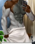 abs anthro bathroom biceps black_claws black_nails black_nipples brown_body brown_fur brush claws colored_nails curtains deltoids electronics forearm_muscles fur gloves_(marking) grey_body grey_fur holding_object holding_phone holding_towel male markings mirror mirror_selfie muscular muscular_anthro muscular_male nails nipples pecs phone plant selfie solo toothbrush torso_shot towel towel_around_waist towel_only triceps v-cut tipsycanvas arcori canid canine canis mammal wolf hi_res