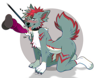 all_fours anthro arm_tuft balls blue_body blue_eyes blue_fur blue_hair blue_tail bodily_fluids brown_balls cheek_tuft chest_tuft cum cum_on_tongue cum_string disembodied_penis duo elbow_tuft erection facial_tuft fur genital_fluids genitals glistening glistening_eyes hair knot leg_tuft male male/male male_anthro multicolored_hair narrowed_eyes nude open_mouth penis purple_penis red_hair red_penis red_tail side_view simple_background solo_focus tail tongue tuft two_tone_hair white_background princelykaden canid canine mammal