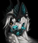 black_background black_body black_fur black_hair blue_lips blue_nose blue_tongue fur hair heterochromia horn lips looking_at_viewer simple_background solo teeth tongue white_body white_fur rogueliger blaze_monstrosity canid canine demon hybrid hyena mammal monster spotted_hyena 2019 digital_media_(artwork) headshot_portrait portrait