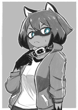5_fingers anthro blue_eyes blush clothed clothing collar female fingers fully_clothed fur hair jacket short_hair solo topwear etona315_p brand_new_animal studio_trigger michiru_kagemori canid canine mammal raccoon_dog tanuki 2020 half-length_portrait portrait
