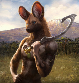 anthro blood bloodless bodily_fluids knife male melee_weapon muscular muscular_male sabre_(weapon) solo weapon yecahoo african_wild_dog canid canine mammal invalid_tag absurd_res hi_res