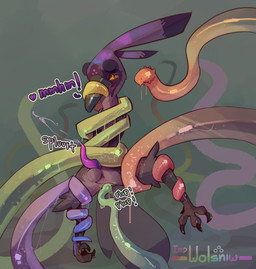 anal anthro balls bodily_fluids cum ejaculation feathers genital_fluids genitals male multicolored_body penetration penis penis_tentacles purple_body restrained sex slit_penis tapering_penis tentacle_penetration tentacle_sex tentacles text two_tone_body yellow_eyes impwolsniw winslow_(impwolsniw) avian absurd_res hi_res