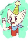 anthro birthday clothing fur gesture hand_gesture hat headgear headwear kerchief male party_hat red_clothing simple_background solo text v_sign white_background white_body white_fur mrfoxluck mau_(mrfoxluck) arctic_fox canid canine fox mammal true_fox 2:3 absurd_res english_text hi_res