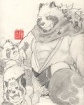 anthro clothed clothing eyes_closed group humanoid_hands leaf male overweight overweight_male scar scarf sitting felixleong lifewonders tokyo_afterschool_summoners gyobu's_underlings gyobu_(tas) canid canine mammal raccoon_dog tanuki 2021 absurd_res hi_res traditional_media_(artwork)