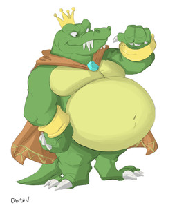 anthro belly big_belly bracelet cape claws clothing crown fangs gesture gold_(metal) gold_bracelet gold_jewelry green_body hand_gesture headgear jewelry male musclegut muscular muscular_anthro muscular_male navel overweight overweight_anthro overweight_male pecs plantigrade pointing pointing_at_self sharp_teeth simple_background smile solo tail teeth white_background yellow_body canson donkey_kong_(series) nintendo king_k._rool crocodile crocodilian kremling reptile scalie 2020 absurd_res hi_res