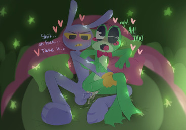 anthro bed black_eyes black_eyeshadow blush blush_lines bodily_fluids bow_tie bow_tie_only clothing cum cum_in_vagina cum_inside dialogue duo ejaculation eyeshadow feet female female_penetrated furniture genital_fluids genitals gloves gloves_only green_body handwear handwear_only heart_symbol leg_grab looking_at_another lying makeup male male/female male_penetrating male_penetrating_female membrane_(anatomy) mostly_nude on_bed one_eye_closed open_mouth penetration penile penile_penetration penis penis_in_vagina pie_cut_eyes pillow purple_body sex sweat tears tears_of_pleasure text toes vaginal vaginal_fluids vaginal_penetration webbed_feet yellow_sclera sodastik glitch_productions the_amazing_digital_circus jax_(tadc) ribbit_(tadc) amphibian frog lagomorph leporid mammal rabbit 2026 digital_drawing_(artwork) digital_media_(artwork) english_text hi_res