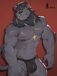 5_fingers abs areola bulge clothing detailed_bulge ear_piercing fingers jockstrap male mane muscular muscular_male nipples piercing simple_background smile smirk solo tail underwear yellow_eyes munax_od felid lion mammal pantherine dated hi_res