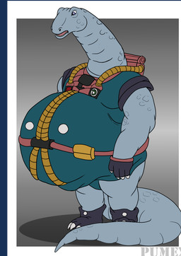 1980s_theme anthro clothing male obese obese_anthro overweight overweight_anthro overweight_male slightly_chubby solo suit tail thick_tail toony pumex dinosaucers bronto_thunder dinosaur prehistoric_species reptile scalie absurd_res hi_res
