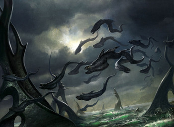 black_body black_skin building cloud detailed_background dutch_angle feral flying group levitating multi_eye nude open_mouth outside overcast sea seascape sky tower water daniel_ljunggren hasbro magic:_the_gathering wizards_of_the_coast aquatic eel fish official_art