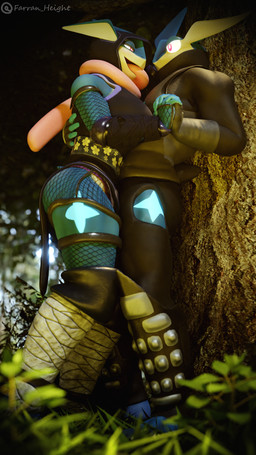 anthro bioluminescence breasts clothed clothing duo female fishnet_clothing flirting forest forest_background glowing half-closed_eyes hand_holding hand_on_back male male/female narrowed_eyes plant red_eyes smile standing tongue tree wide_eyed farran_height_(artist) nintendo pokemon kaiden_(okamical) mizuki_(okamical) generation_6_pokemon greninja pokemon_(species) 3d_(artwork) 9:16 absurd_res digital_media_(artwork) hi_res
