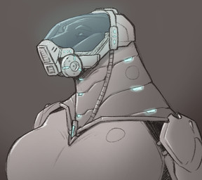 anthro armor big_breasts breasts clothed clothing eyes_closed female female_anthro grey_background grey_body grey_clothing grey_helmet headgear helmet simple_background solo jezzlen scalie bust_portrait portrait