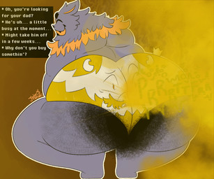 ambiguous_gender anthro big_butt big_pubes bodily_fluids bubble_butt butt clothed clothing clothing_transformation crouching dialogue dialogue_box dirty dirty_clothing dirty_underwear excessive_body_hair fart fart_cloud fart_fetish gas gassy hair hairy huge_butt hyper hyper_butt hyper_pubes inanimate_transformation morbidly_obese musk musky_butt obese overweight plushie presenting presenting_hindquarters pubes purple_body smell smelly solo stained_clothing stained_underwear stink_fumes stink_lines sweat sweaty_butt transformation underwear underwear_only underwear_transformation jadetanuki deltarune undertale_(series) asgore_dreemurr seam_(deltarune) animate_inanimate domestic_cat felid feline felis mammal hi_res