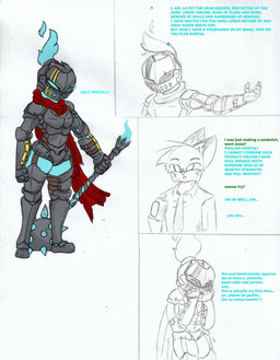 anthro armor duo female food male male/female sandwich_(food) text thick_thighs weapon pace-maker dark_souls fromsoftware fan_character canid canine fox ghost mammal spirit colored comic english_text