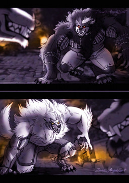 anthro arm_tattoo beard black_body black_fur black_hair body_hair bottomwear bridge castle chain chest_tattoo claws clothing cybernetic_arm cybernetic_implant cybernetic_leg cybernetic_limb duo ear_piercing ear_ring facial_hair fur hair happy_trail holidays kneeling long_hair male multicolored_hair muscular muscular_anthro muscular_male on_one_knee open_mouth pants pecs piercing plant ring_piercing rock sharp_teeth stone_path tail tattoo teeth toe_claws torn_bottomwear torn_clothing torn_pants two_tone_hair weeds white_body white_fur white_hair zandiiangelspit blizzard_entertainment halloween mythology overwatch hazard_(overwatch) mauga_(overwatch) canid canine mammal mythological_canine mythological_creature werecanid werecanine werecreature werewolf 2025 hi_res monochrome signature