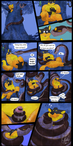 anthro balls caught_off_guard coiling_around_body coiling_around_penis coiljob dialogue duo erection feral foreskin genitals humanoid_genitalia humanoid_penis hypnosis in_tree kissing male male/male mind_control nude outside overweight overweight_anthro overweight_male penis plant slightly_chubby speech_bubble text tree amby the_jungle_book jake_(jakethenerdyfox) kaa_(jungle_book) canid canine fox indian_python mammal python reptile rodent scalie sciurid snake tree_squirrel 2025 absurd_res comic english_text hi_res