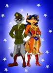 anthro boots clothing cosplay duo female footwear hands_on_hips high_heeled_boots high_heels lasso male military shoes star gizmo01 sly_cooper_(series) sony_corporation sony_interactive_entertainment sucker_punch_productions carmelita_fox sly_cooper steve_trevor wonder_woman canid canine fox mammal procyonid raccoon absurd_res hi_res