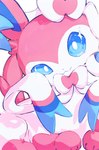 :3 ambiguous_gender blue_eyes feral fur looking_at_viewer paws pink_body pink_fur ribbons_(anatomy) simple_background solo sparkles sparkling_eyes tail white_body my_6633 nintendo pokemon eeveelution generation_6_pokemon pokemon_(species) sylveon 2024 hi_res