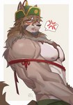 anthro biceps bound brown_body brown_fur candy chocolate clothing dessert food fur hat headgear headwear male mongolian_clothing muscular muscular_anthro muscular_male pecs shirtless solo string triceps hachi_duchi lifewonders tokyo_afterschool_summoners temujin_(tas) canid canine canis mammal wolf 2022 colored hi_res signature