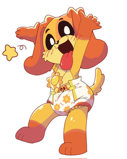 5_fingers ambiguous_gender anthro black_nose black_sclera blush blush_lines clean_diaper clothed clothing diaper fingers floppy_ears fur gloves_(marking) hands_up jewelry leg_markings markings necklace on_one_leg open_mouth open_smile orange_body orange_fur orange_tail simple_background smile socks_(marking) solo standing tail tongue tongue_out wearing_diaper white_background coopitchu mob_entertainment poppy_playtime smiling_critters dogday_(poppy_playtime) canid canine canis domestic_dog mammal 2024 hi_res