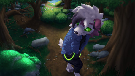 3_toes accessory anthro bottomwear branch clothed clothing detailed_background dirt_path ear_piercing ear_stud fallen_tree feet flower forest fur glowing glowstick grass green_eyes hair hand_in_pocket jacket leaf male moss multicolored_body multicolored_fur outside painterly pants piercing plant pockets pokemorph pond purple_body purple_fur rock shirt short_tail shrub solo tail toes topwear tree white_body white_fur kasloth nintendo pokemon canid canine generation_7_pokemon lycanroc mammal midnight_lycanroc pokemon_(species) 16:9 2026 digital_media_(artwork) hi_res lineless shaded signature widescreen