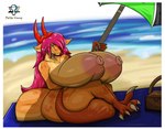 anthro areola basket beach bedding big_areola big_breasts blanket blue_eyes breasts breasts_on_lap claws container female hair horn looking_at_viewer mature_female nipples non-mammal_nipples orange_body picnic_basket pink_hair red_horn seaside smile solo tail thick_tail thick_thighs umbrella deltavinny mythology cherry_(bds) dragon mythological_creature mythological_scalie scalie absurd_res hi_res