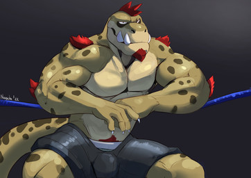 4_fingers anthro arm_tuft beard biped black_bottomwear black_clothing black_eyes black_shorts bottomwear bulge claws clothed clothed_anthro clothed_male clothing countershading elbow_tuft facial_hair finger_claws fingers glistening glistening_body hair looking_at_viewer male male_anthro mouth_closed muscular muscular_anthro muscular_male pubes red_beard red_facial_hair red_hair red_pubes scales shorts simple_background solo tail tan_body tan_scales tan_tail teeth topless topless_anthro topless_male tuft underwear white_claws naschethelion lars_(naschethelion) dinosaur prehistoric_species reptile saurischian scalie theropod tyrannosaurid tyrannosauroid tyrannosaurus tyrannosaurus_rex 2022 absurd_res digital_drawing_(artwork) digital_media_(artwork) hi_res