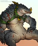 animal_genitalia anthro armband claws countershading facial_scar genital_slit genitals gold_(metal) gold_jewelry grey_body grey_scales harness jewelry male mostly_nude muscular muscular_anthro muscular_male neck_spikes necklace nose_spike presenting_slit scales scar simple_background sitting solo spread_legs spreading teeth ket-dawnatsunset warhammer_(franchise) warhammer_fantasy nakai_the_wanderer crocodilian kroxigor lizardman lizardman_(warhammer) reptile scalie hi_res