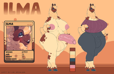 anthro areola balls big_balls big_breasts big_bulge big_penis biped breasts bulge detailed_bulge ear_piercing genitals glistening glistening_genitalia glistening_penis gynomorph gynomorph_anthro hair height hooves intersex intersex_anthro jewelry long_hair navel nipples penis piercing pronouns pubes solo standing text thick_thighs vein veiny_penis peculiart ilma_(brunhilde) alpaca camelid mammal 2021 absurd_res character_name digital_media_(artwork) english_text hi_res model_sheet