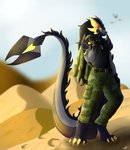 anthro biped black_body claws clothed clothing desert dragon_scale_armor fur grey_body hair horn male membrane_(anatomy) military military_uniform outside sand scales simple_background sky solo tail uniform yellow_body yellow_eyes sa-chat mythology nefer dragon mythological_creature mythological_scalie scalie 2020 digital_media_(artwork) hi_res