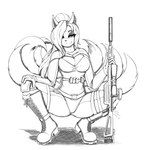 boots breasts cleavage clothed clothing crouching female footwear gun hair laces latex legwear long_hair looking_at_viewer multi_tail ranged_weapon rifle shoes sitting solo spread_legs spreading tail tights weapon shamziwhite hi_res line_art monochrome sketch