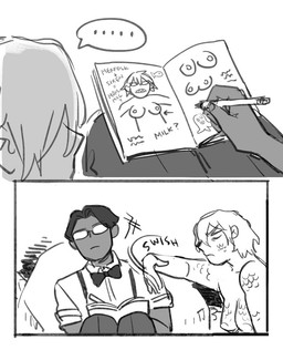 breasts casual_nudity clothed clothing duo ellipsis eyewear female glasses hair male nipples not_furry pencil_(object) scales simple_background speech_bubble split_form text starfleetrambo edward_(starfleetrambo) oskar_(starfleetrambo) animal_humanoid human humanoid hybrid mammal marine marine_humanoid merfolk oarfish_humanoid siren comic digital_media_(artwork) sketch trans_(lore) trans_man_(lore)