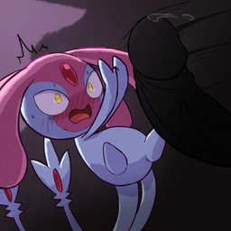 2_tails blocking blush bodily_fluids female feral forehead_gem gem genital_fluids grey_body hair leaning leaning_backward male male/female multi_tail offscreen_male pink_hair precum shocked tail yellow_eyes wasawasa nintendo pokemon generation_4_pokemon human legendary_pokemon mammal mesprit pokemon_(species) 1:1 hi_res