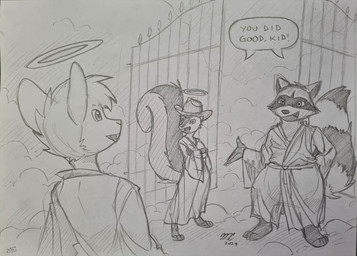 anthro clothing gate group halo hat headgear headwear male robe text trio kitfox-crimson in_our_shadow sage_(kitfox-crimson) mammal murid murine procyonid raccoon rat rodent sciurid tree_squirrel character_request english_text hi_res monochrome sketch