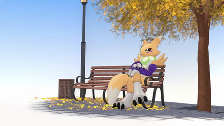 bench beverage blue_eyes coffee female fur green_body green_fur male red_body red_scales scales scarf yellow_body yellow_fur nukorio bandai_namco digimon canid canine digimon_(species) fox guilmon mammal renamon scalie terriermon true_fox unknown_species 16:9 3d_(artwork) 3d_animation animated digital_media_(artwork) hi_res long_playtime sound widescreen