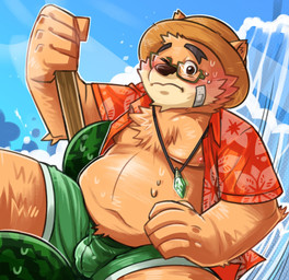 anthro belly blush bodily_fluids bottomwear brown_body brown_fur bulge clothing eyewear food fruit fur glasses hat headgear headwear humanoid_hands male melon moobs nipples one_eye_closed overweight overweight_anthro overweight_male plant shorts solo straw_hat sweat water watermelon wink mando0205 lifewonders tokyo_afterschool_summoners volos_(tas) bear mammal 2019 hi_res